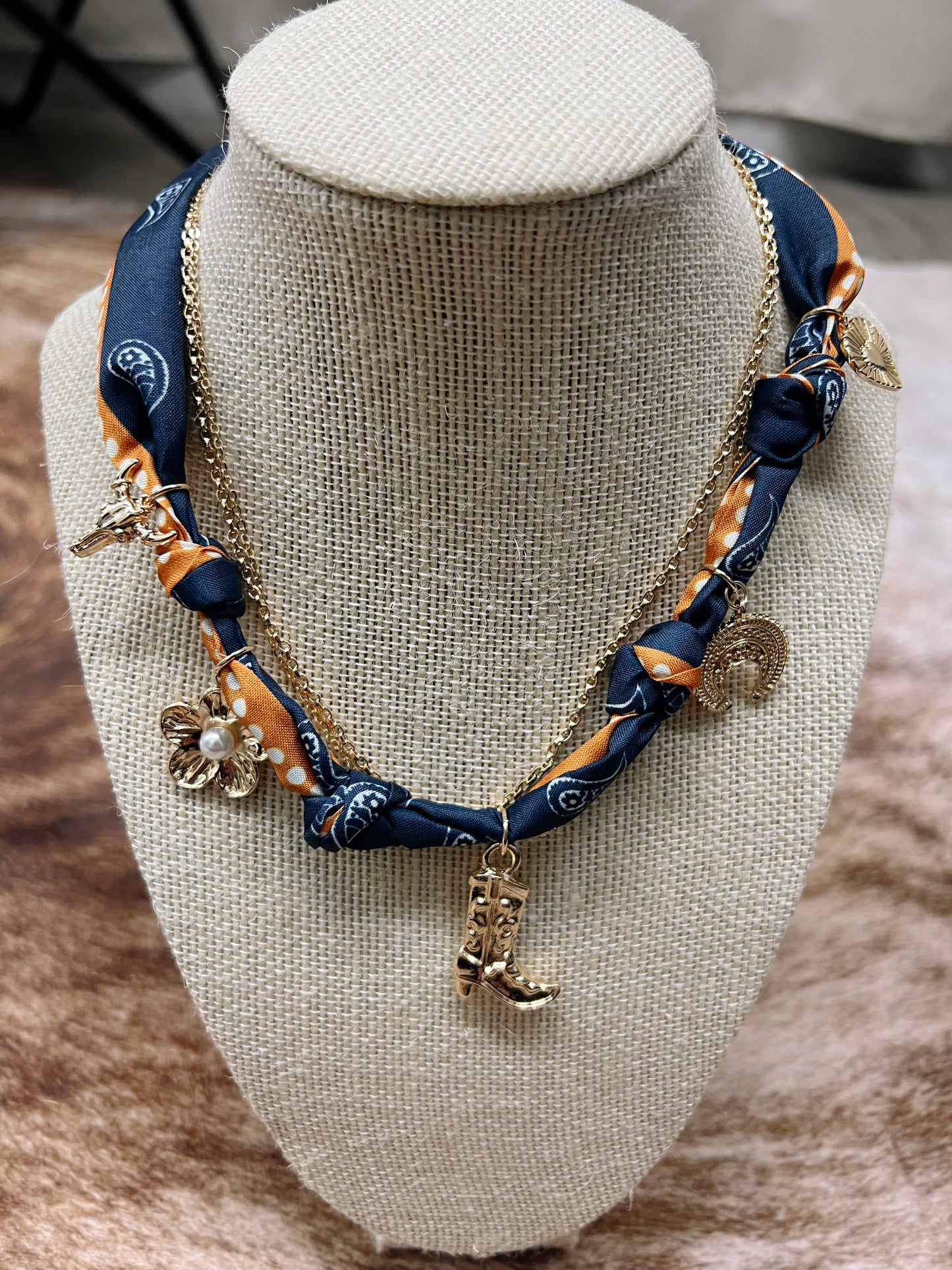 SCARF CHARM NECKLACE: NAVY & ORANGE PAISLEY