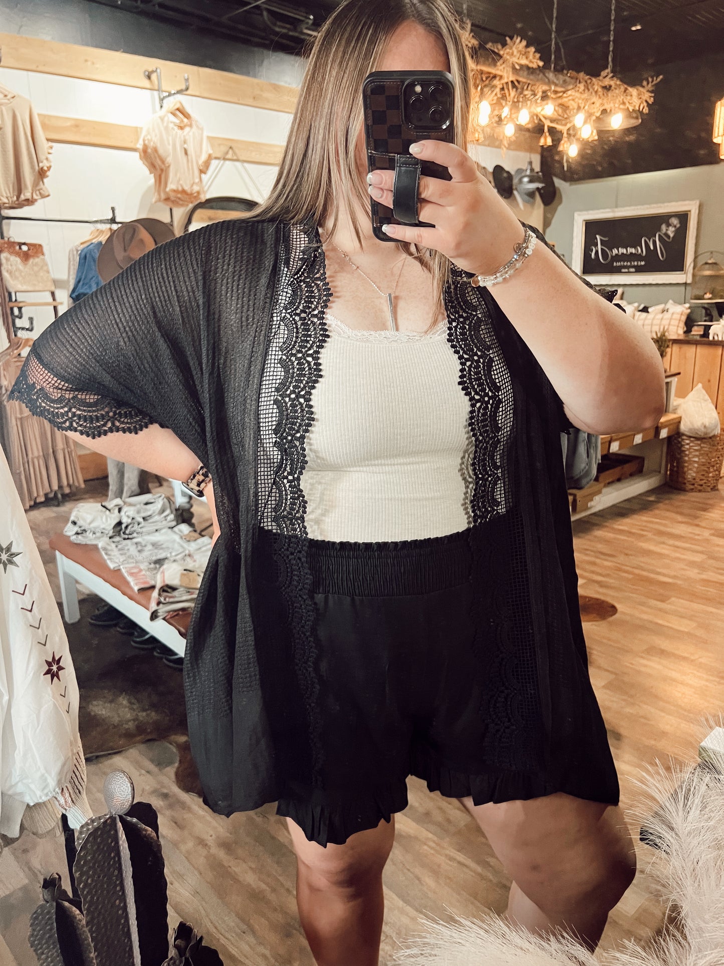SCALLOP LACE KIMONO: BLACK