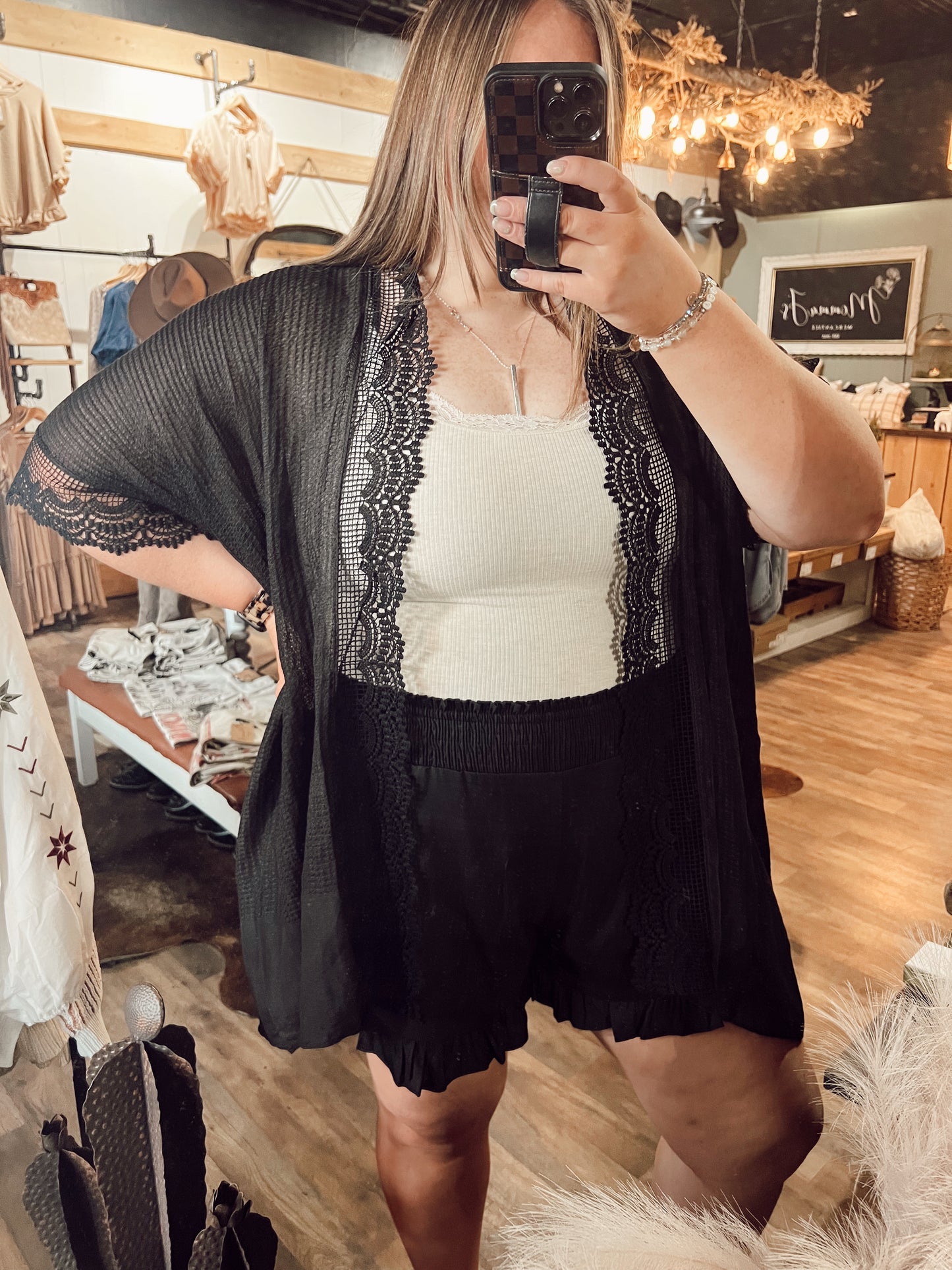 SCALLOP LACE KIMONO: BLACK