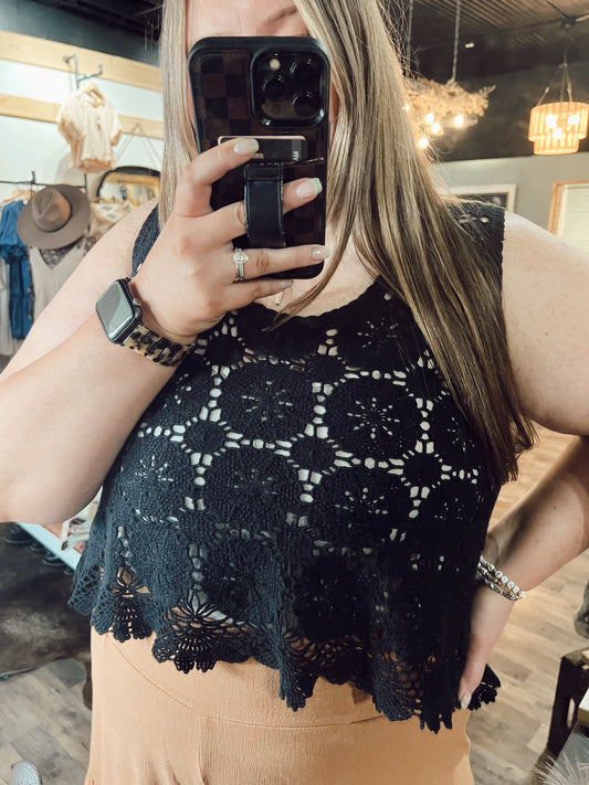 CROCHET CROPPED TANK: BLACK