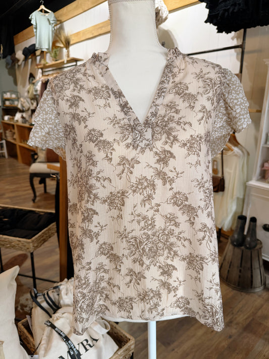 FLORAL & LEOPARD V-NECK BLOUSE
