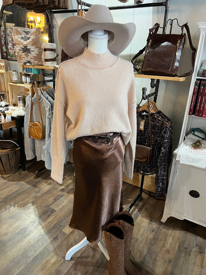 HIGH WAISTED MIDI LENGTH SATIN SKIRT