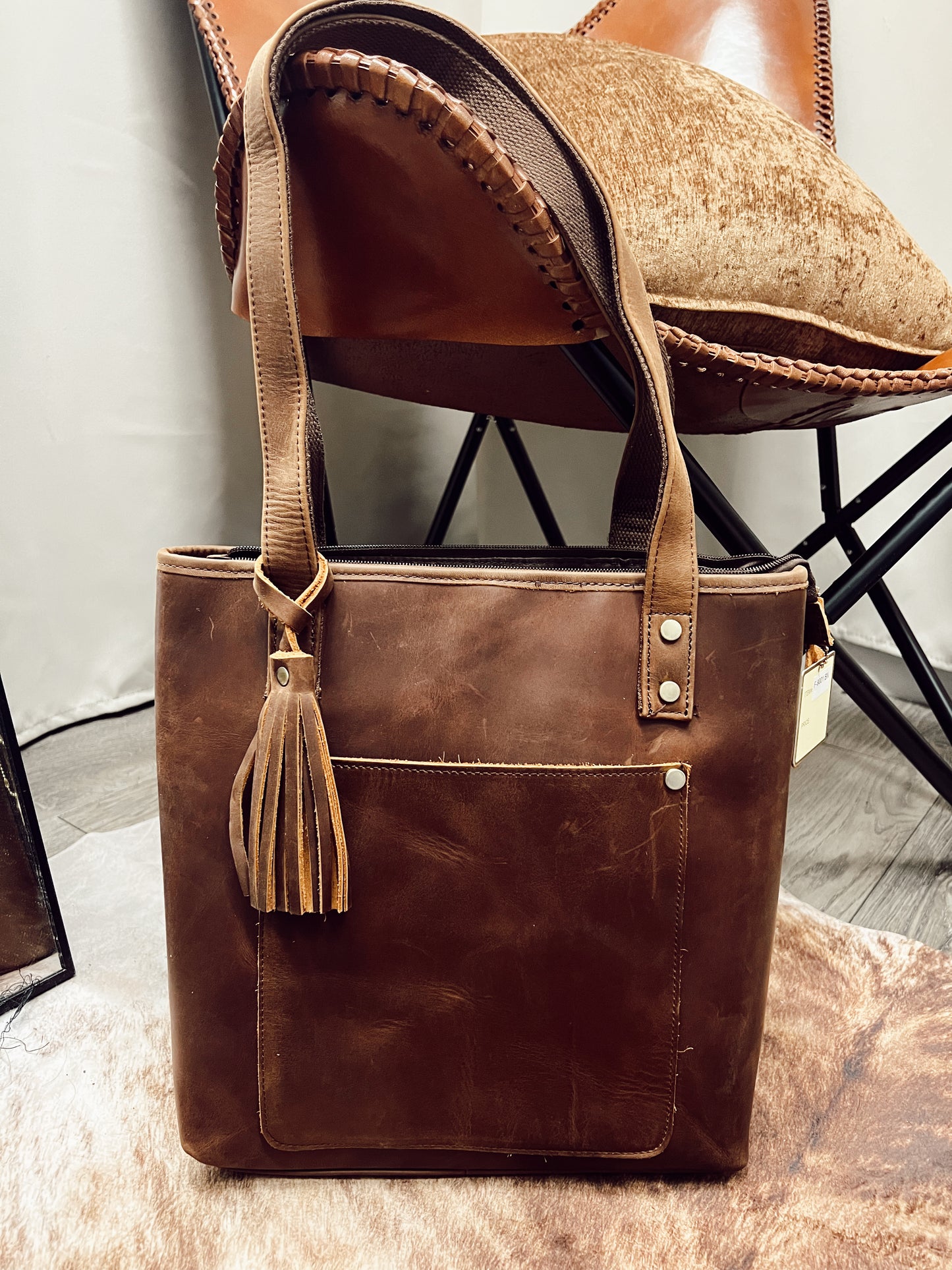 VINTAGE COWHIDE GENUINE LEATHER TOTE BAG