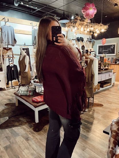 FRINGE MOCK NECK PONCHO