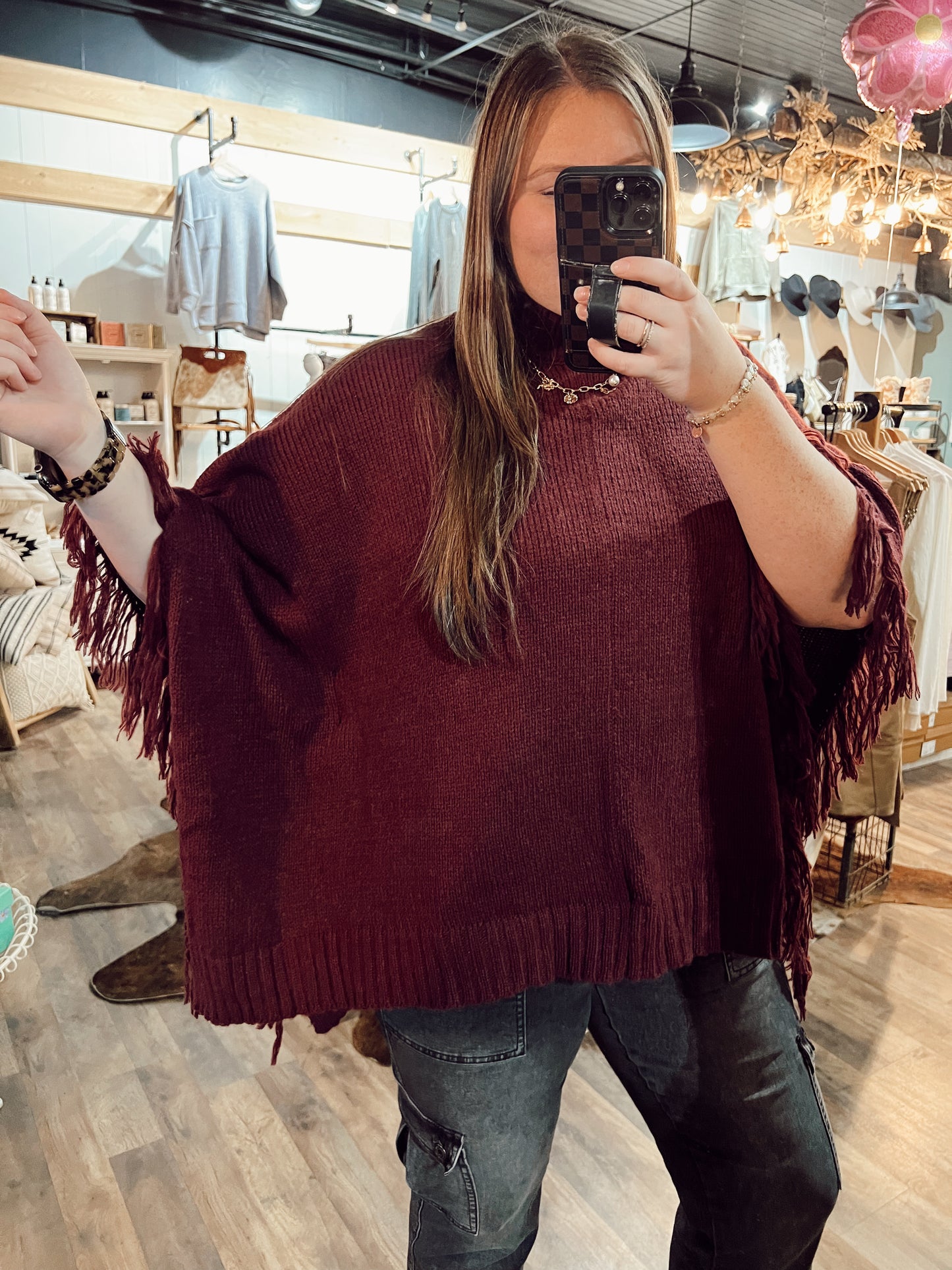 FRINGE MOCK NECK PONCHO