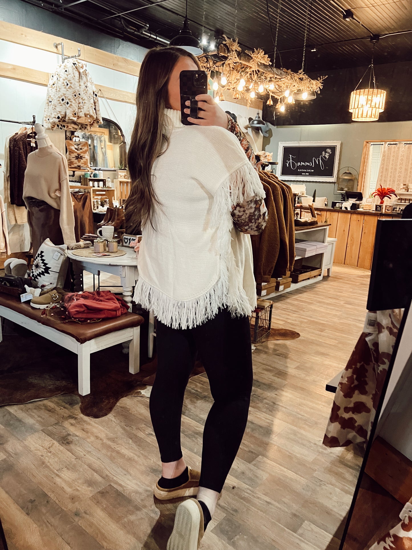 CABLE KNIT TURTLENECK FRINGE PONCHO