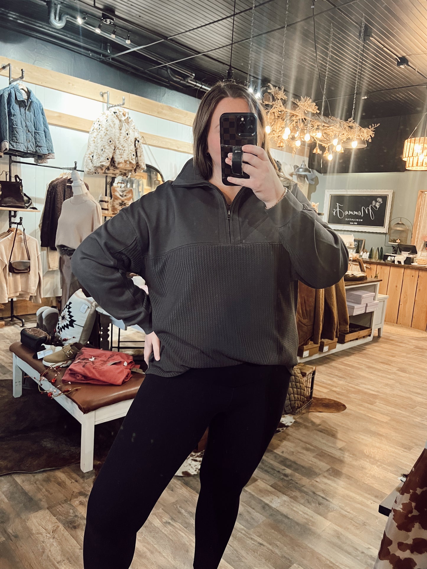 WAFFLE KNIT PATCHWORK QUARTER ZIP