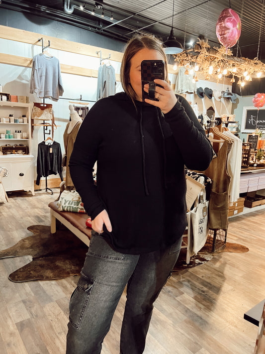BRUSHED KNIT HOODIE TUNIC: BLACK