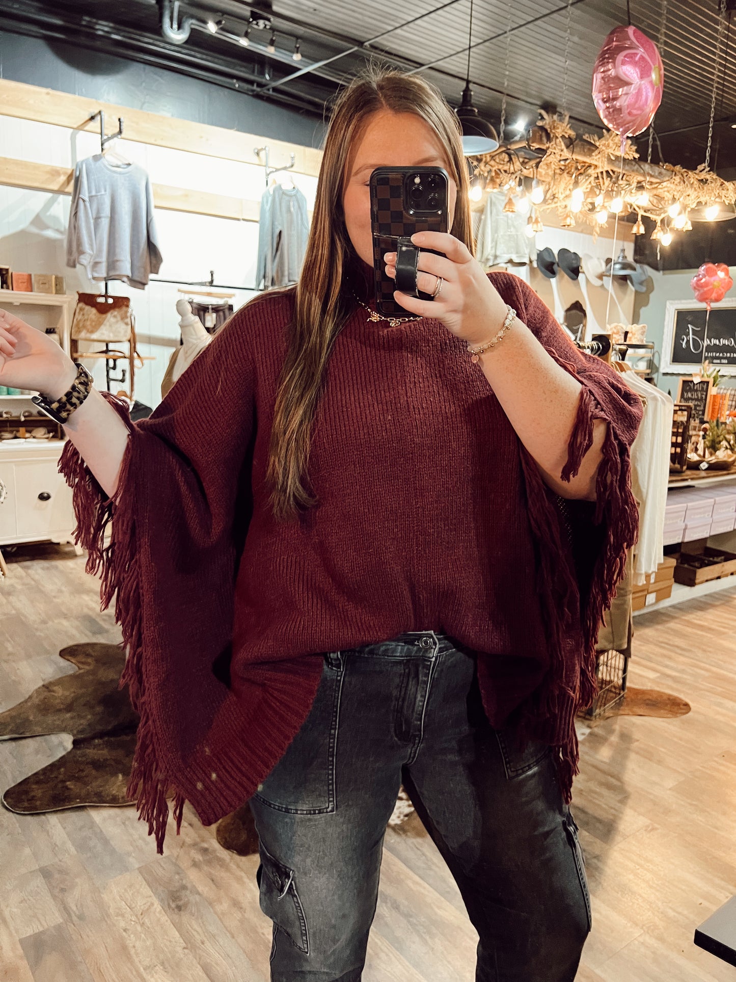 FRINGE MOCK NECK PONCHO