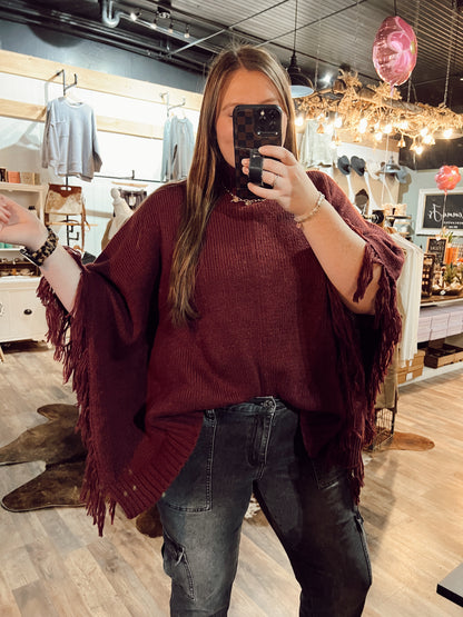 FRINGE MOCK NECK PONCHO