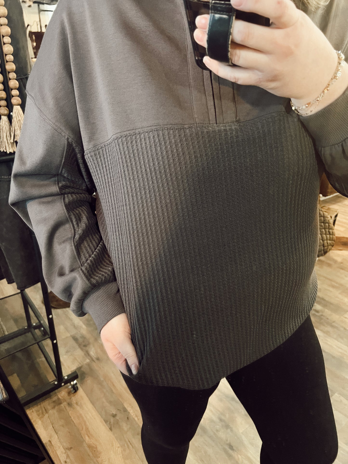 WAFFLE KNIT PATCHWORK QUARTER ZIP