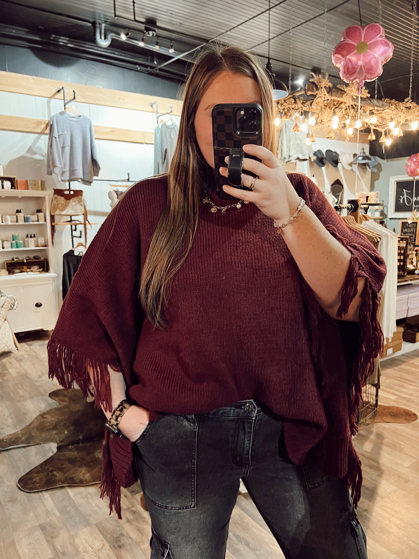 FRINGE MOCK NECK PONCHO