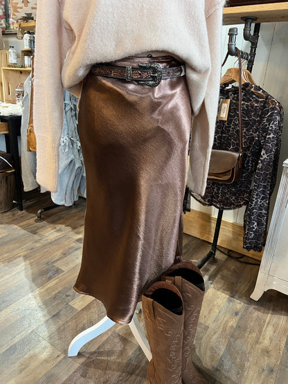 HIGH WAISTED MIDI LENGTH SATIN SKIRT