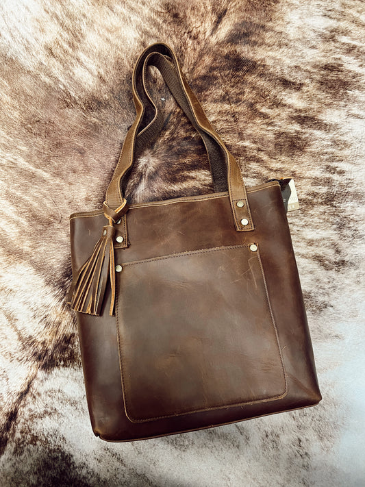 VINTAGE COWHIDE GENUINE LEATHER TOTE BAG