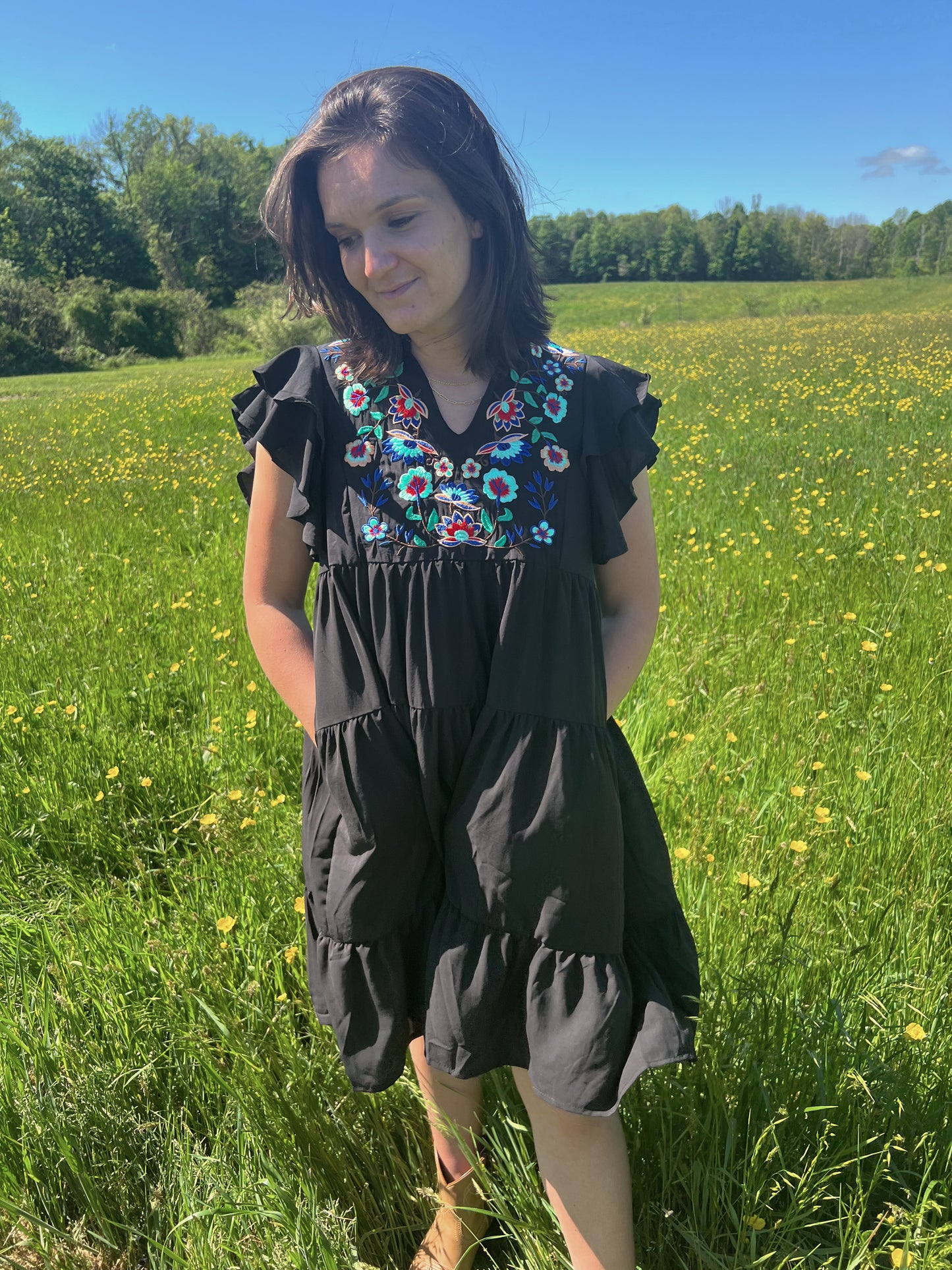 WILDFLOWERS & WILD HORSES EMBROIDERED MINI DRESS