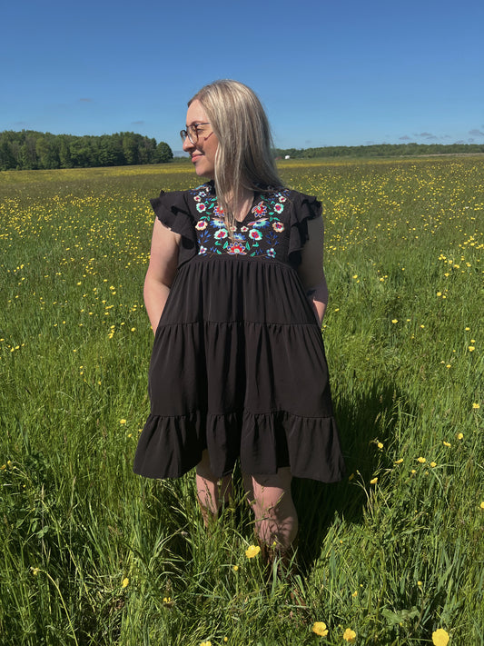 WILDFLOWERS & WILD HORSES EMBROIDERED MINI DRESS