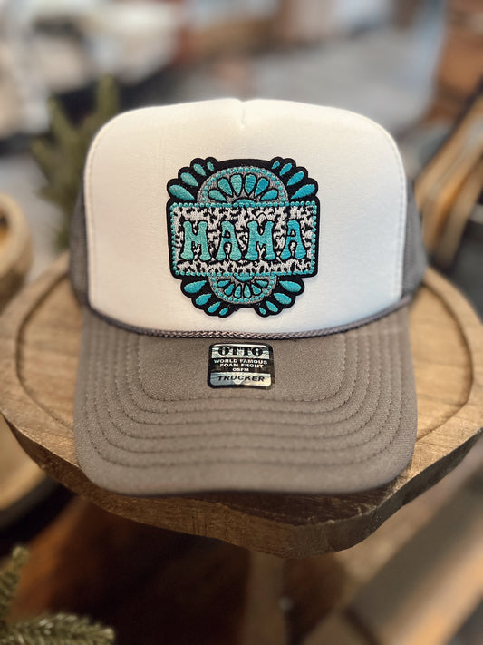 MAMA TURQUOISE CHEETAH TRUCKER HAT